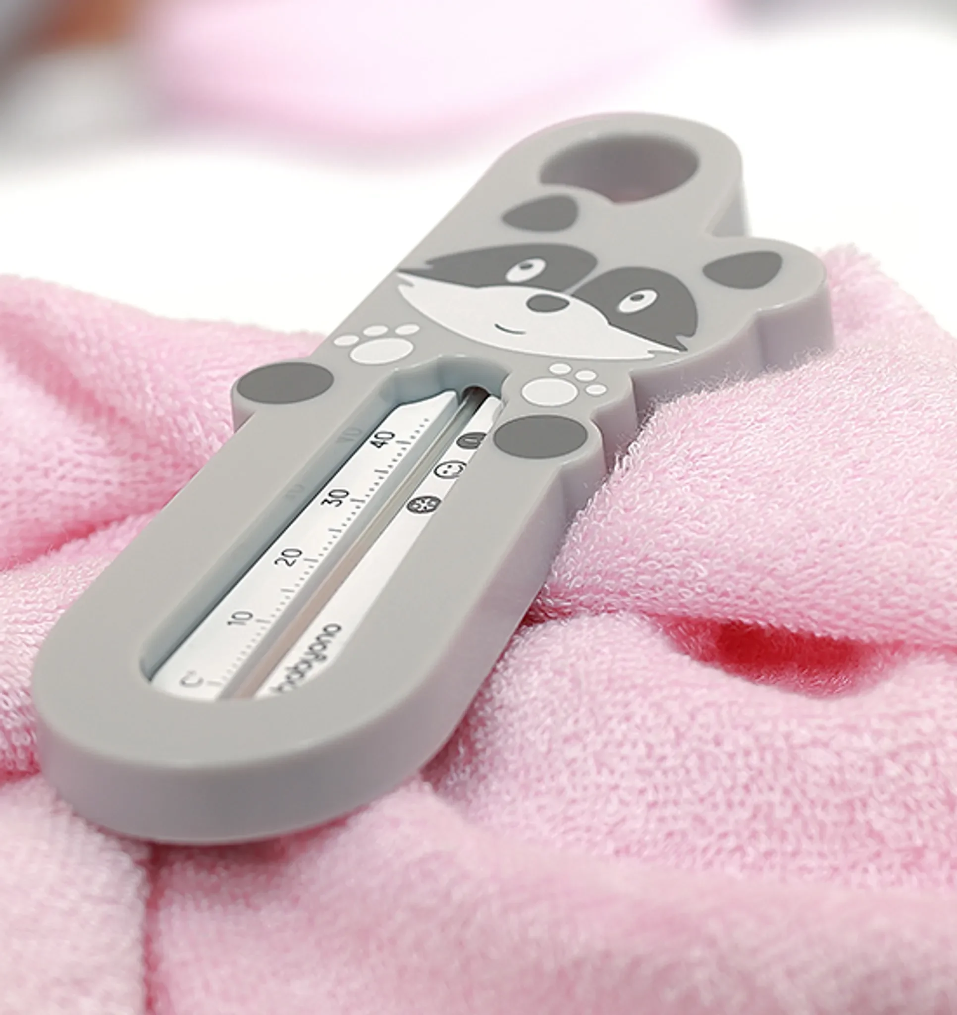 BabyOno Badethermometer – Waschbär, Grau